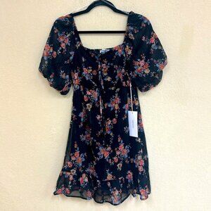 Mimi Chica NWT womans black floral puff sleeve mini dress size M